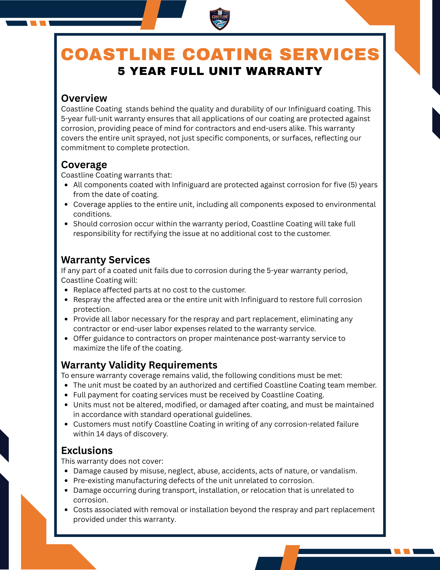 Coastline Coating Services 5 Year Full Unit Warranty document with orange and navy accents. The document provides an overview of the warranty, coverage, warranty services, warranty validity requirements, and exclusions. It features the Coastline Coating logo at the top.