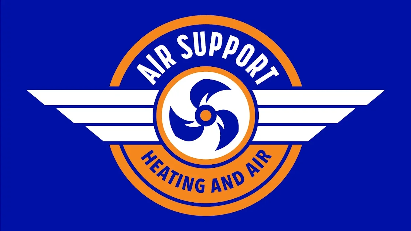 Logo for Air Support Heating and Air featuring a blue background, a circular emblem with stylized fan blades in the center, surrounded by the text "Air Support" above and "Heating and Air" below, with white wings extending from each side.