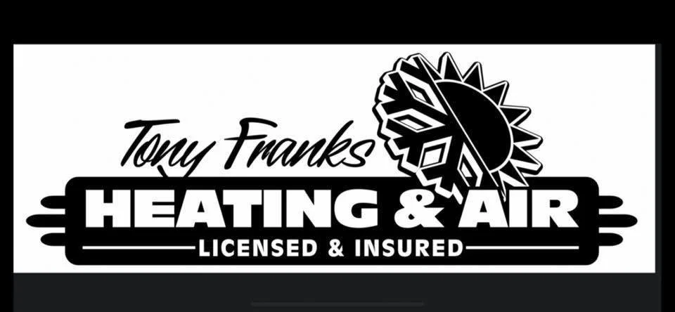 Logo for Tony Franks Heating & Air, featuring snowflake and sun icons, with the text 'Licensed & Insured'.