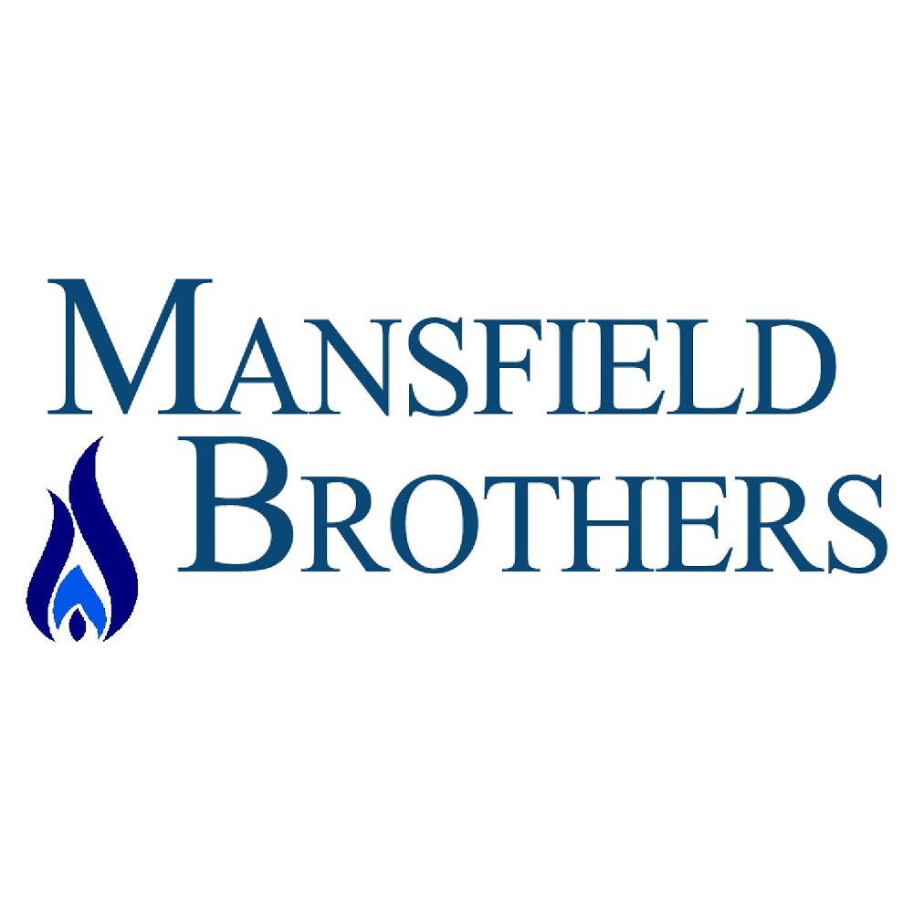 Logo of Mansfield Brothers with a dark blue flame icon to the left of the company name in large blue text.