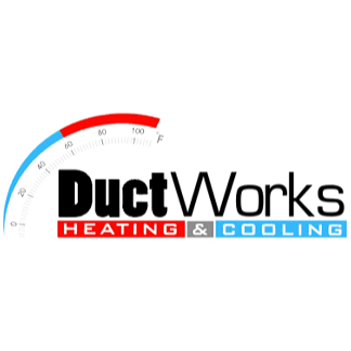 Logo for DuctWorks Heating & Cooling with a temperature gauge in red, blue, and black text.