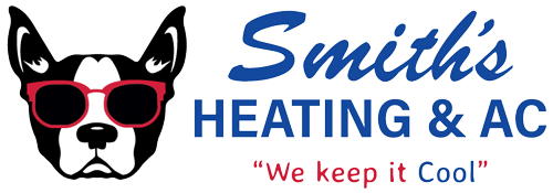 Logo of Smith's Heating & AC featuring a Boston Terrier dog wearing red sunglasses, with the tagline "We keep it cool" in pink and blue text.