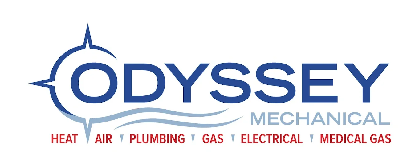 Odyssey Mechanical logo with a stylized wave and compass, listing services: heat, air, plumbing, gas, electrical, medical gas.