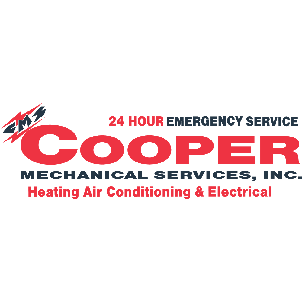 Logo of Cooper Mechanical Services, Inc. with red and black text, a lightning bolt icon, and services for heating, air conditioning, and electrical emergencies.