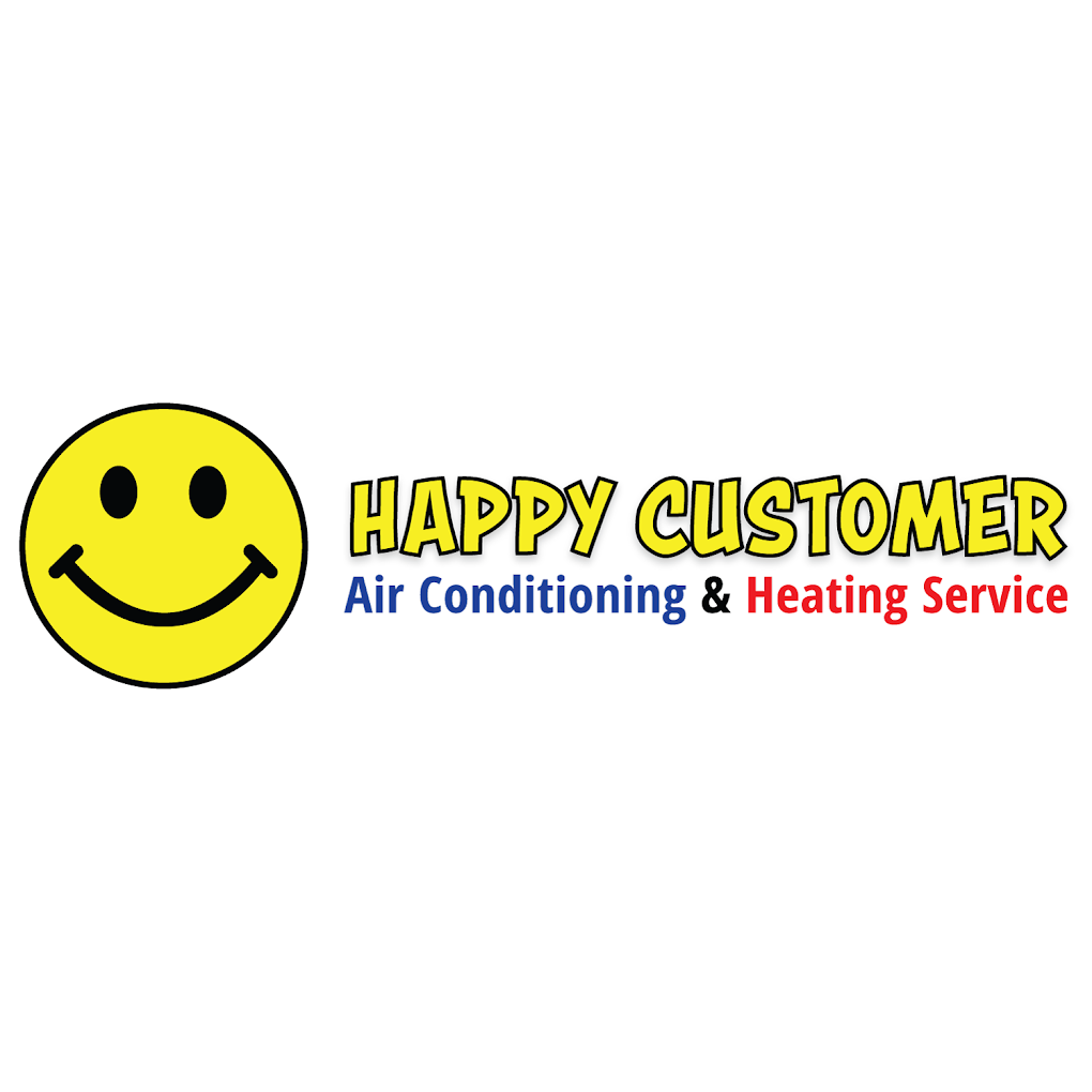 Logo for Happy Customer, an air conditioning and heating service company, featuring a yellow smiley face and text in yellow, blue, and red.