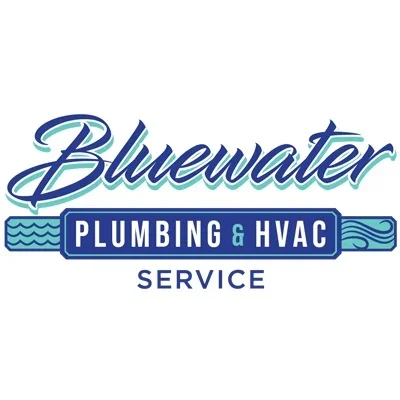 Bluewater Plumbing and HVAC Service logo with blue and teal text and water-themed design elements.