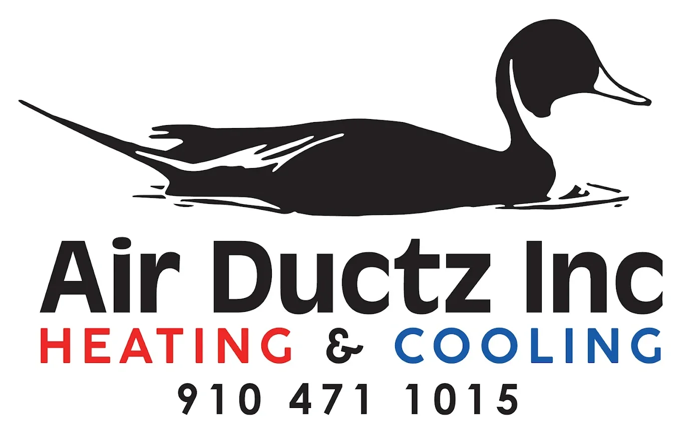 Logo for Air Ductz Inc featuring a black silhouette of a duck and text indicating heating and cooling services with contact number.