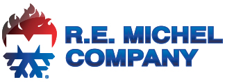 Logo of R.E. Michel Company featuring a red flame, a blue snowflake, and the company name in blue text.