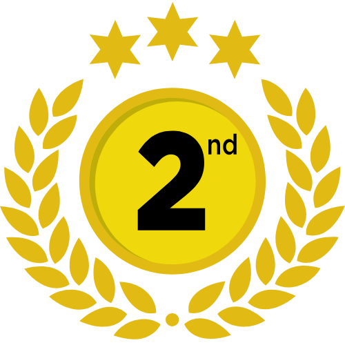 A gold medal with the number 2 in black, surrounded by a laurel wreath and three gold stars at the top.
