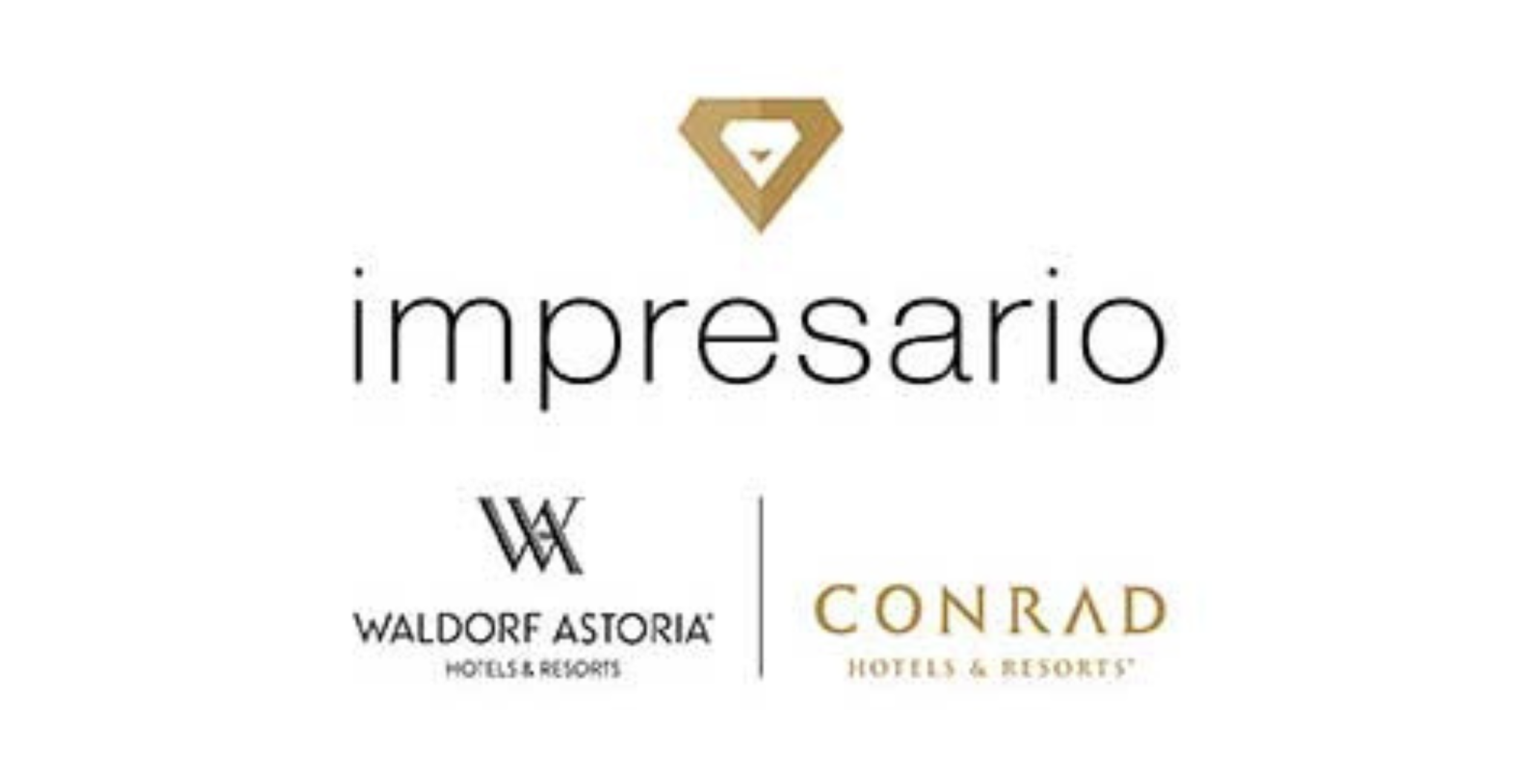 Impresario logo with Waldorf Astoria and Conrad Hotels & Resorts logos.