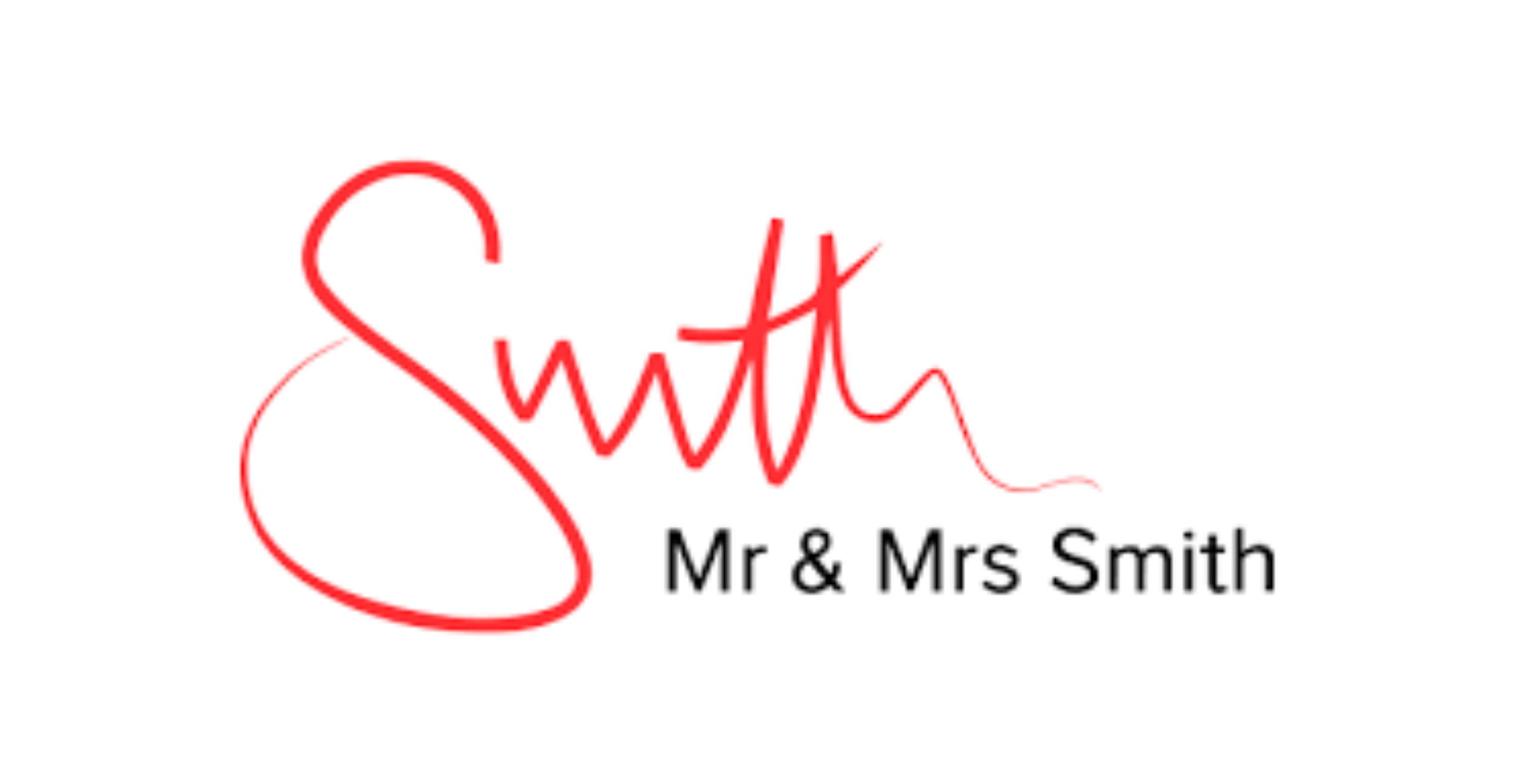 Cursive word "Smith" in red with "Mr & Mrs Smith" below in black text.