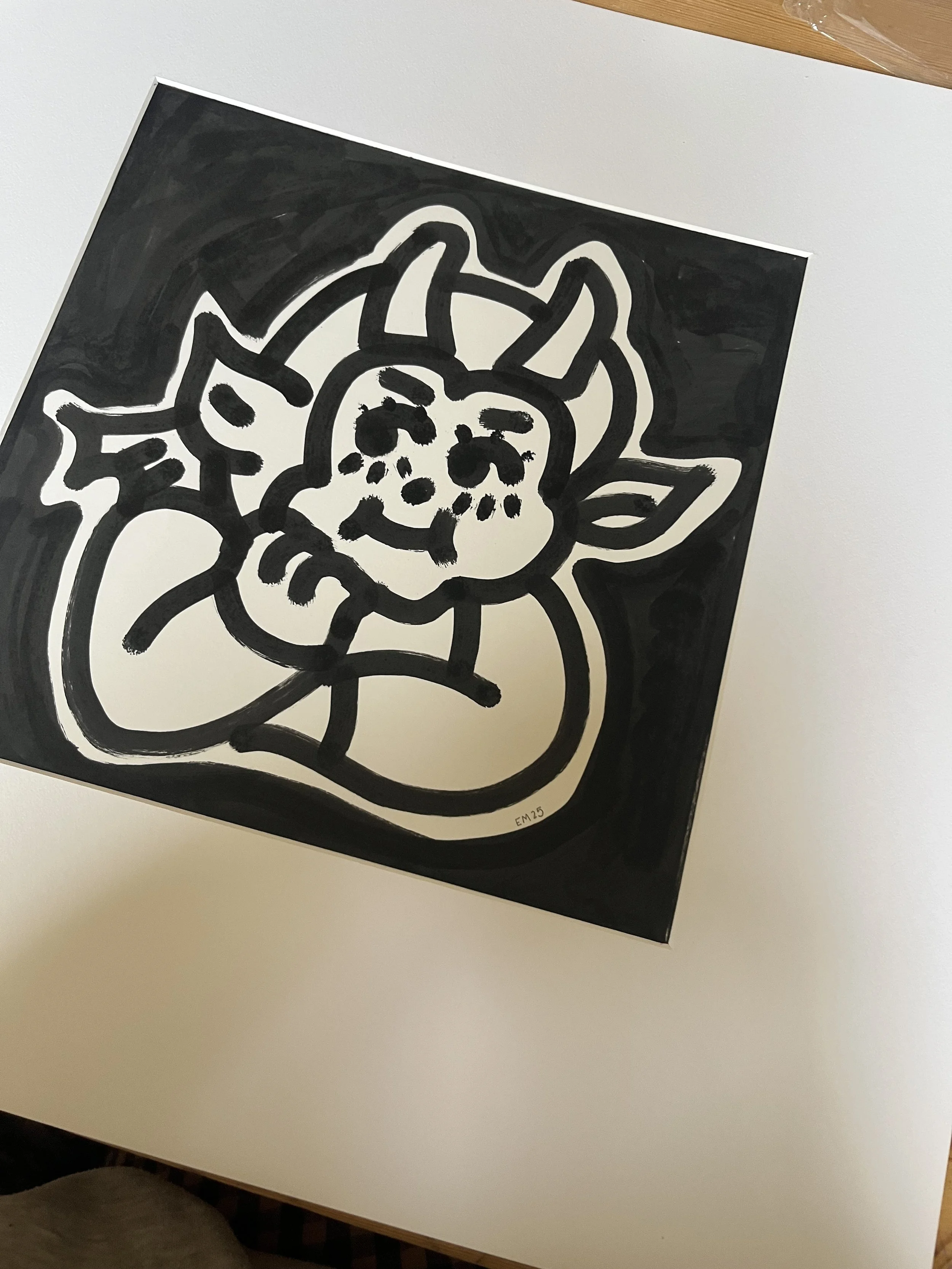 Hand drawn original devil kewpie square painting