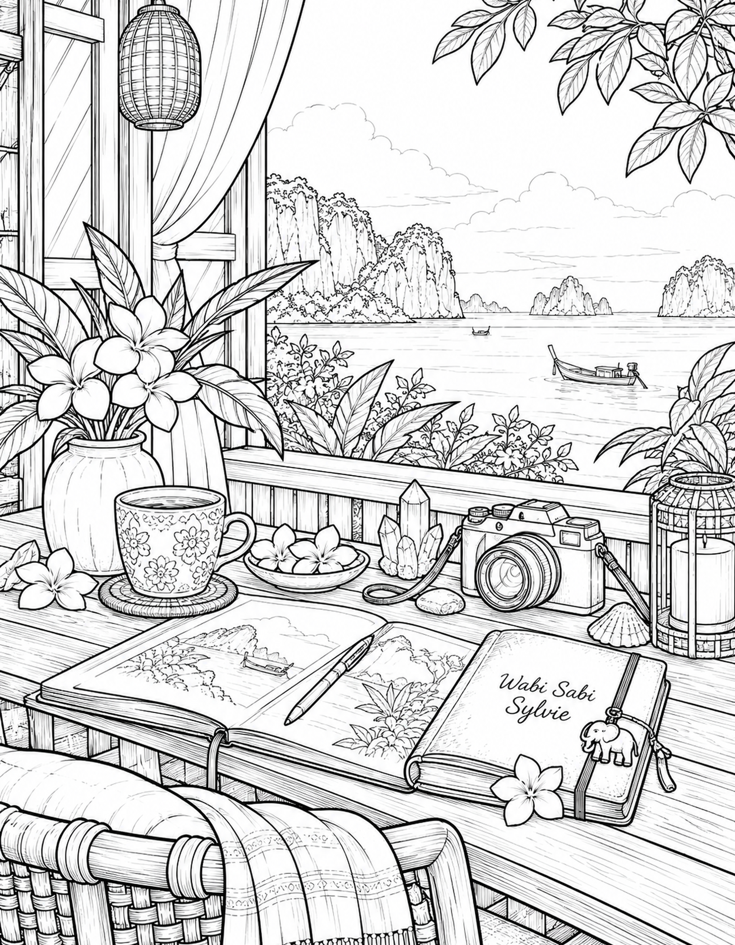 Interior coloring page from A Coloring Journey featuring a peaceful travel desk with camera, journal, flowers, and a coastal view