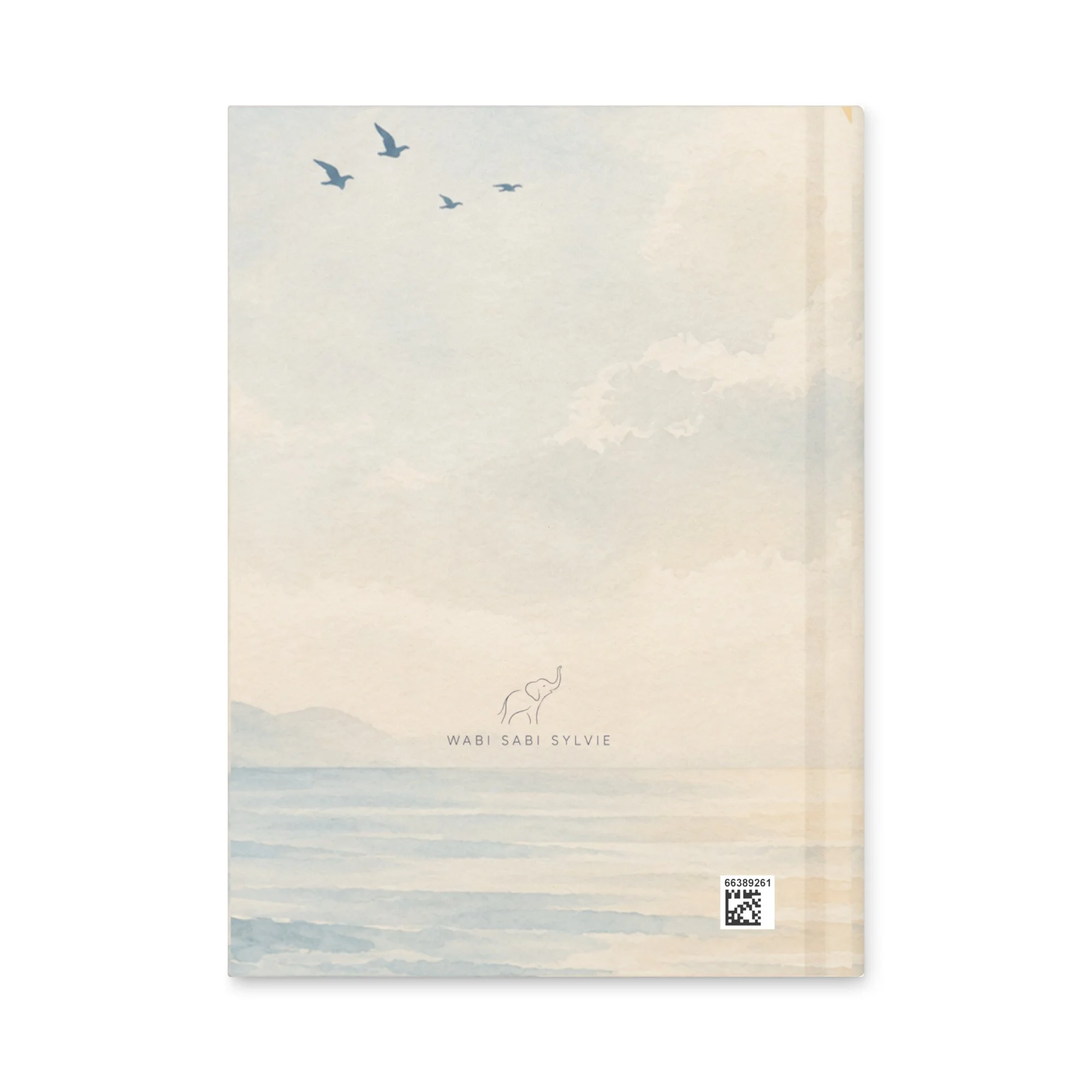 Back cover of the Coastal Calm Hardcover Journal with a soft coastal sky and ocean-inspired artwork