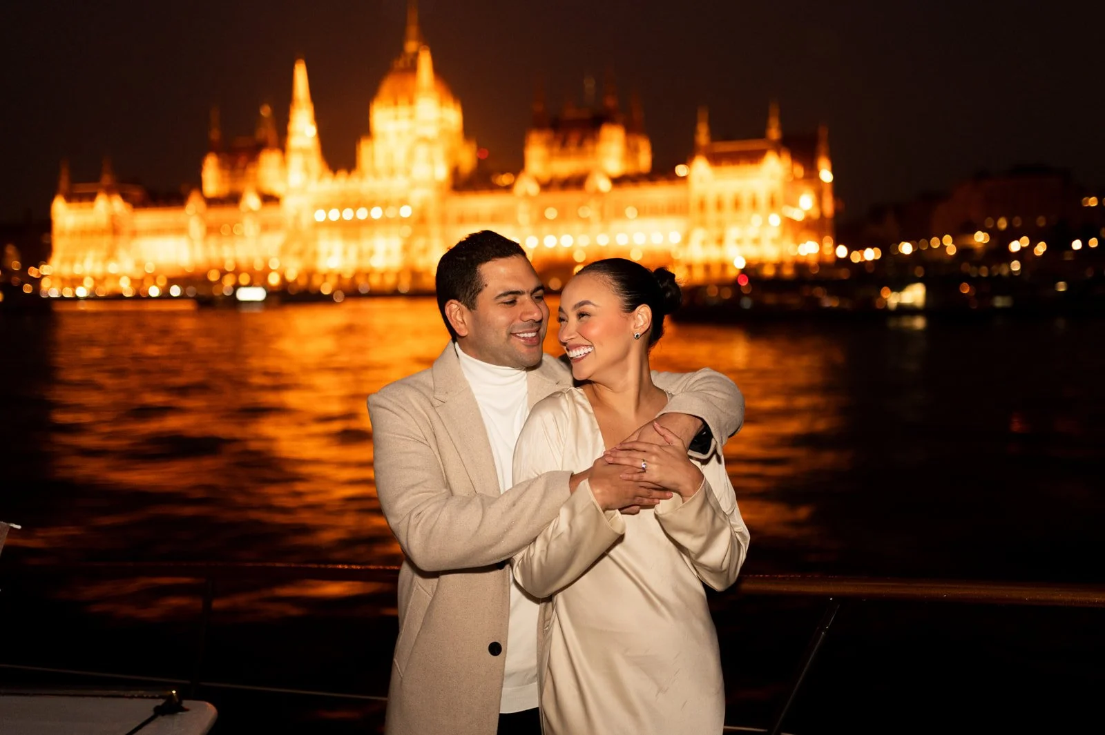 Romantic photoshoot during Budapest Private Yacht Night Proposal with Parliament View Photography and Planning