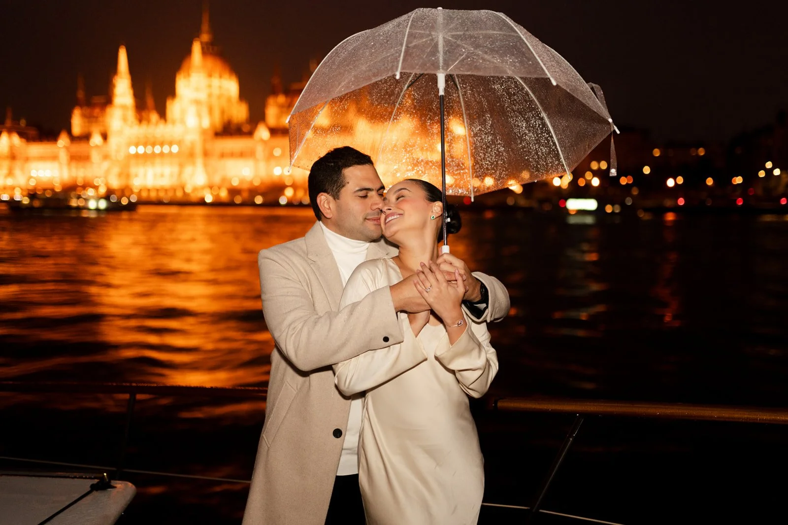 Romantic photoshoot during Budapest Private Yacht Night Proposal with Parliament View Photography and Planning