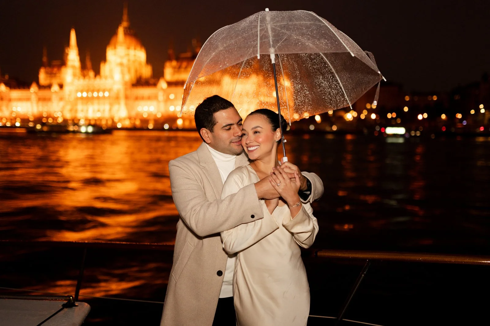 Romantic photoshoot during Budapest Private Yacht Night Proposal with Parliament View Photography and Planning