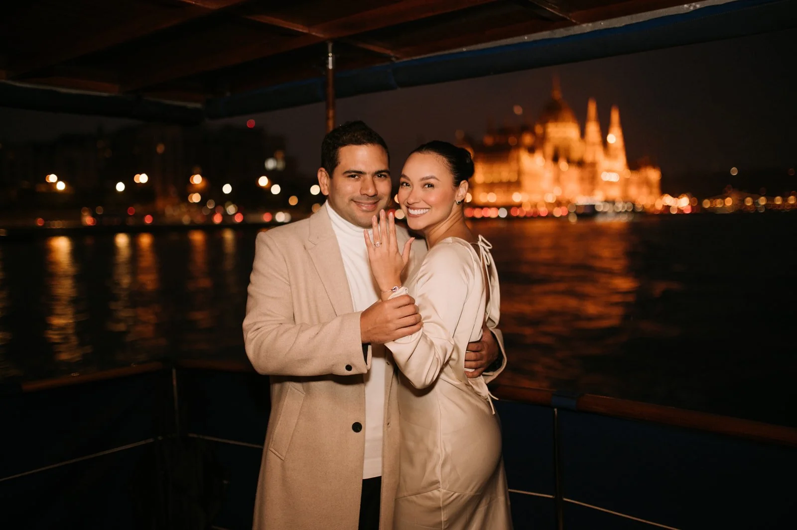 Couple portrait during Budapest Private Yacht Night Proposal with Parliament View Photography and Planning