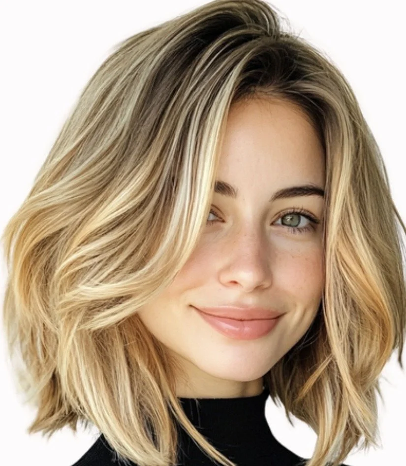 Back view of a woman with long, blonde, wavy hair in a salon.