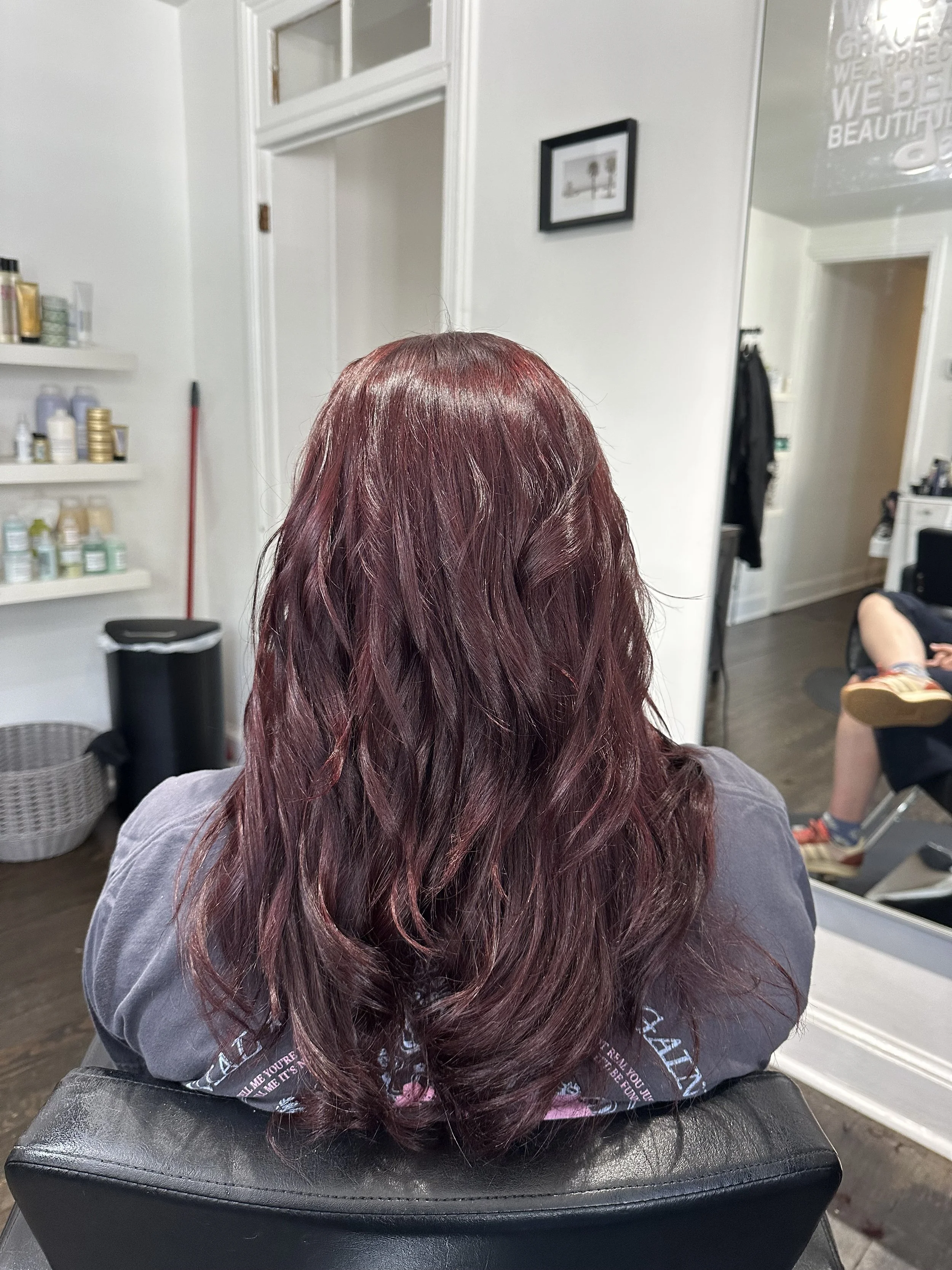 A woman with long wavy hair dyed in shades of burgundy and purple, seated in a salon chair facing away from the camera. The salon has white walls, shelves with hair products, a framed picture, and a mirror. In the background, a person is sitting in a