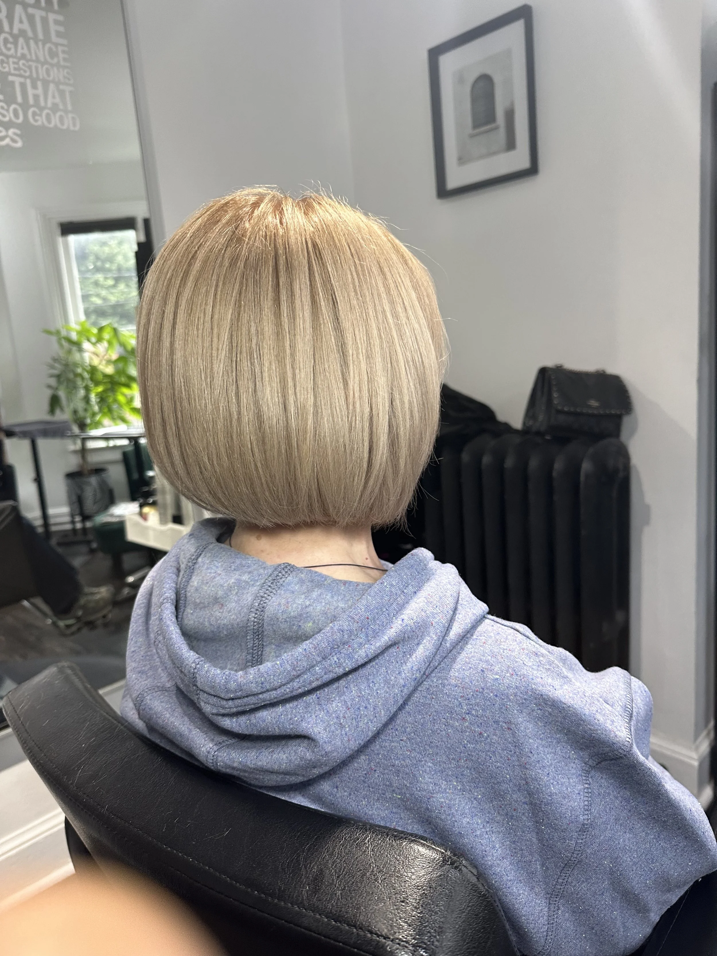 Back of a person with short, blonde hair sitting in a salon chair, wearing a gray hoodie. The salon has framed artwork on the wall, a black radiator, and a window with greenery outside.