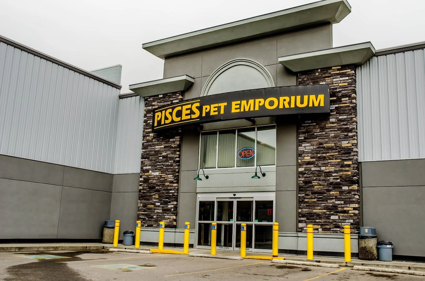 Exterior of a pet store called Pisces Pet Emporium with a black and yellow sign, an open sign in the window, trash cans, yellow bollards, and a parking lot.
