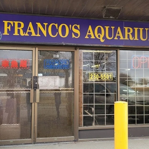 The entrance of Franco's Aquarium store with a purple sign and yellow lettering, metal mesh doors, a phone number sign, a parking lot outside, and a yellow parking block.