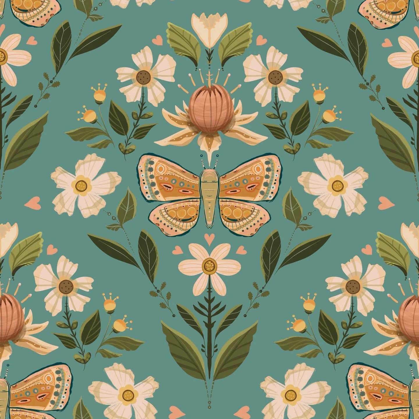 Just playing with pattern today. (Swipe for time lapse)
Symmetry, soft florals, a little folk-art mood, and that moody green. I&rsquo;ve never created fabric, but it sure would be fun!