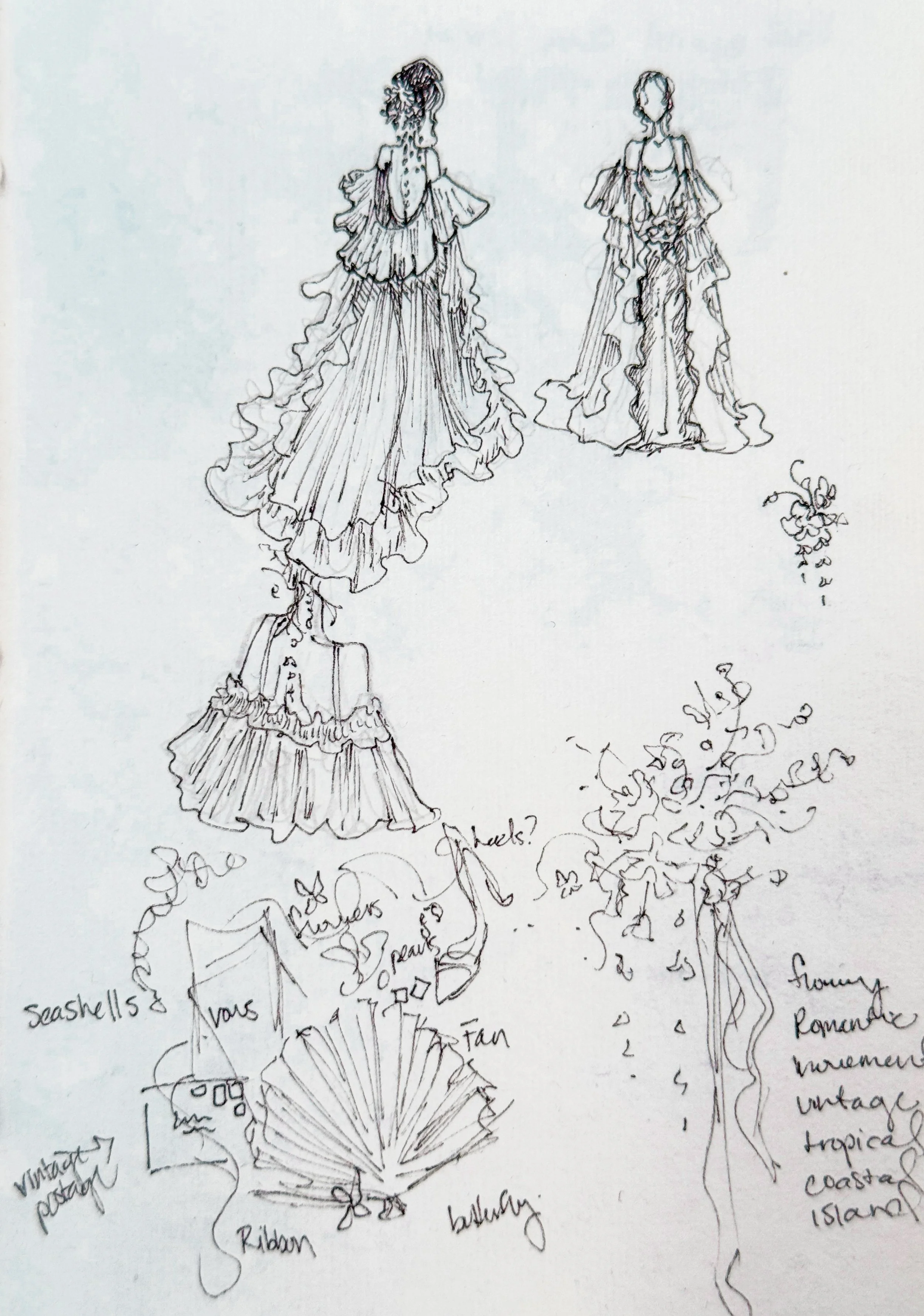 The Sailor's Heart Floral Studio process sketch of three dresses with ruffles and flowing fabrics, and notes about seashells, vintage poster, and design elements like ribbons, shoes, and tropical island themes.