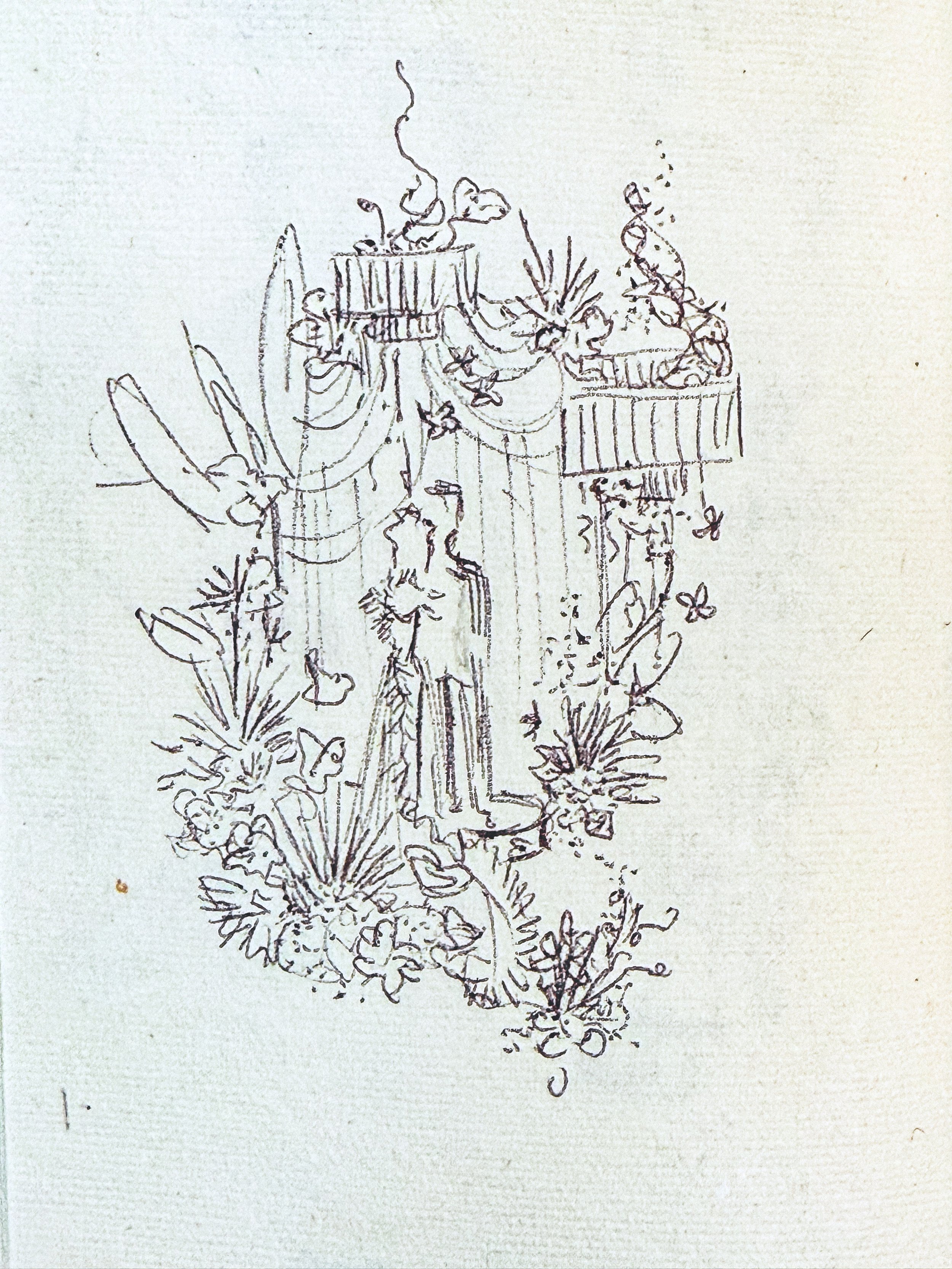 A sketch of a decorative arrangement with various plants, flowers, and birds. The illustration includes hanging jars or containers, some with plants and others with what appears to be smoke or steam rising from them.