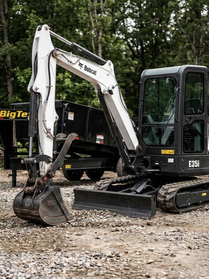 Small excavator with a bucket attachment on a construction site with dirt and gravel, surrounded by green trees.