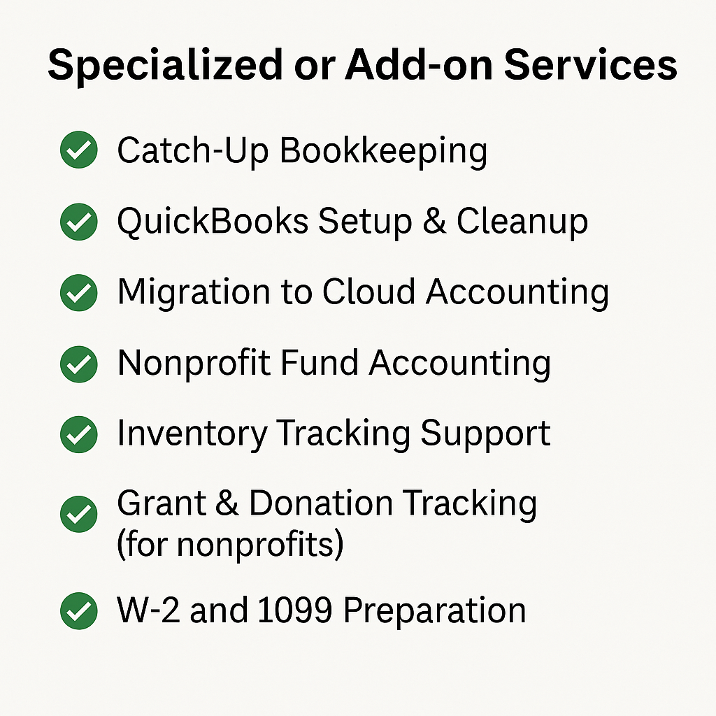 List of specialized or add-on services featuring Catch-Up Bookkeeping, QuickBooks Setup & Cleanup, Migration to Cloud Accounting, Nonprofit Fund Accounting, Inventory Tracking Support, Grant & Donation Tracking for nonprofits, and W-2 and 1099 Preparation.
