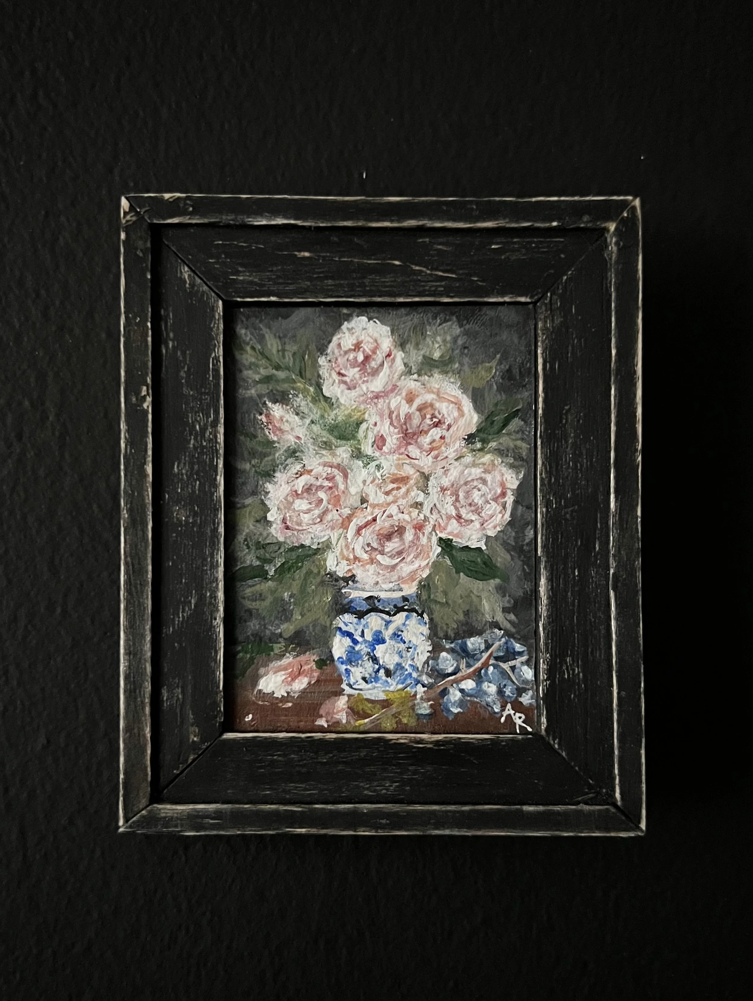 Roses in Porcelain Vase Original Signed Painting 3.5x4