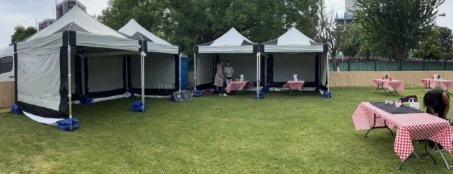 Outdoor event setup with multiple open white tents, tables covered with red and white checkered tablecloths, and grassy area with trees.