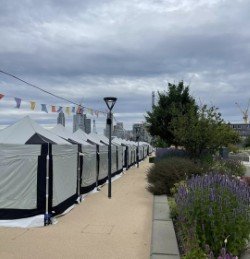 Row of white market tents on a sidewalk with plants and trees, under a cloudy sky
