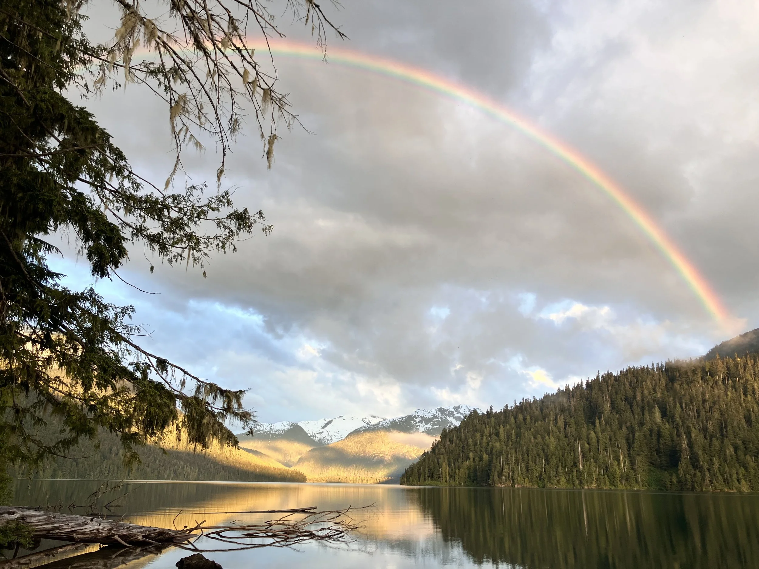 Scenic landscape with rainbow over a lake, surrounded by mountains and forests, and cloudy sky in the background.