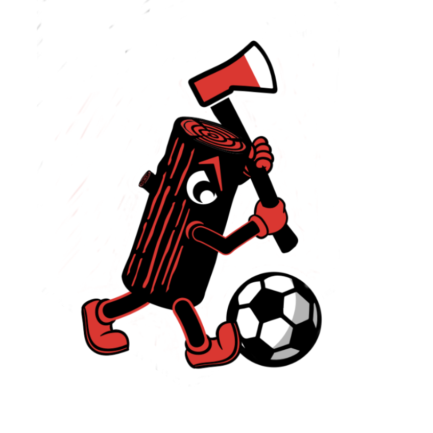 A cartoon log character with arms and legs, wearing red boots and gloves, holding an axe, next to a soccer ball.
