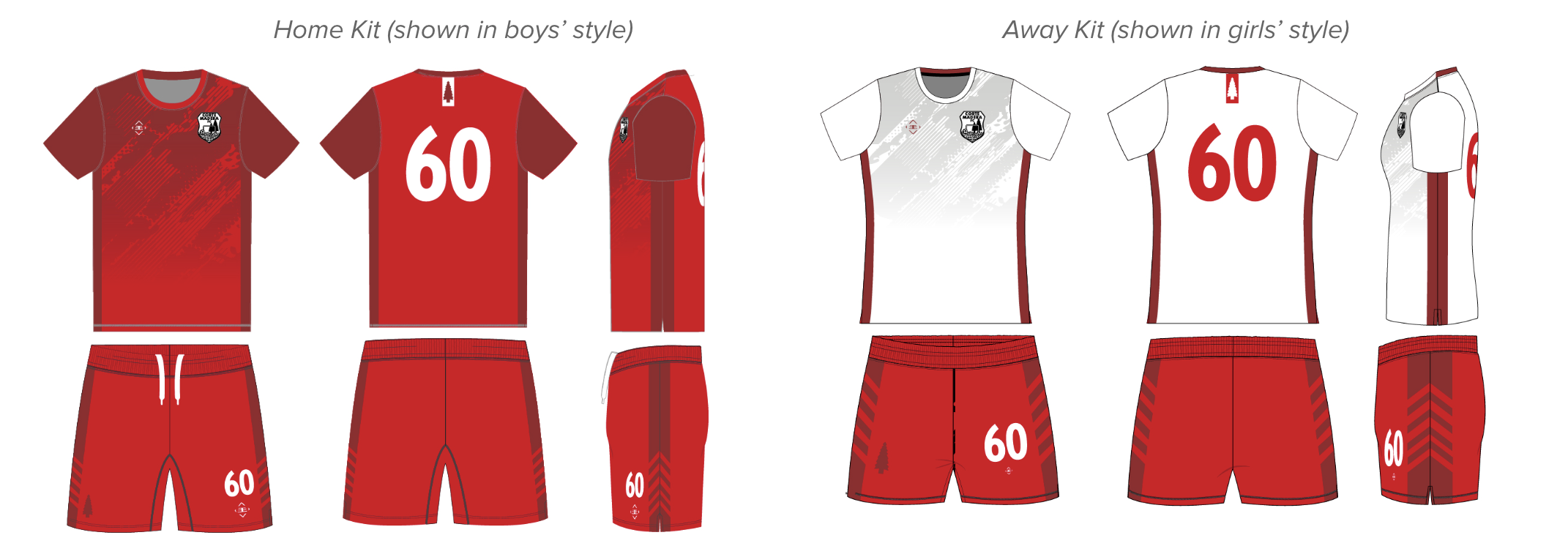 Illustration of red and white sports uniforms for boys' and girls' teams, including shirts and shorts, with the number 60 on each piece. The boys' team kit is on the left in red, and the girls' team kit is on the right in white with red accents.
