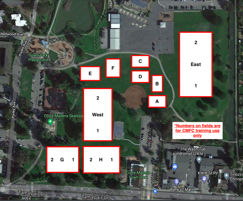 Aerial map of a park area with labeled fields and landmarks. The map shows parking, playground, skatepark, and fields numbered 1 and 2, with additional labeled areas G, H, A, B, C, D, E, and F for training use.
