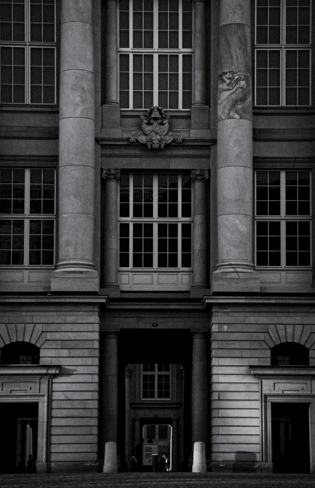 The photograph presents a grand façade rendered in deep, moody monochrome, where the stark contrast of light and shadow turns the architecture into something almost mythic. Towering stone columns rise with quiet authority, their surfaces marbled and 