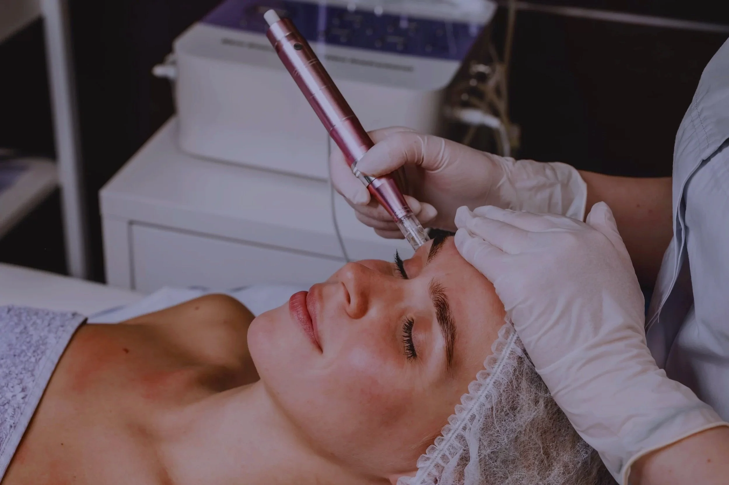 A person receiving a microneedling treatment on their forehead by a professional wearing gloves.