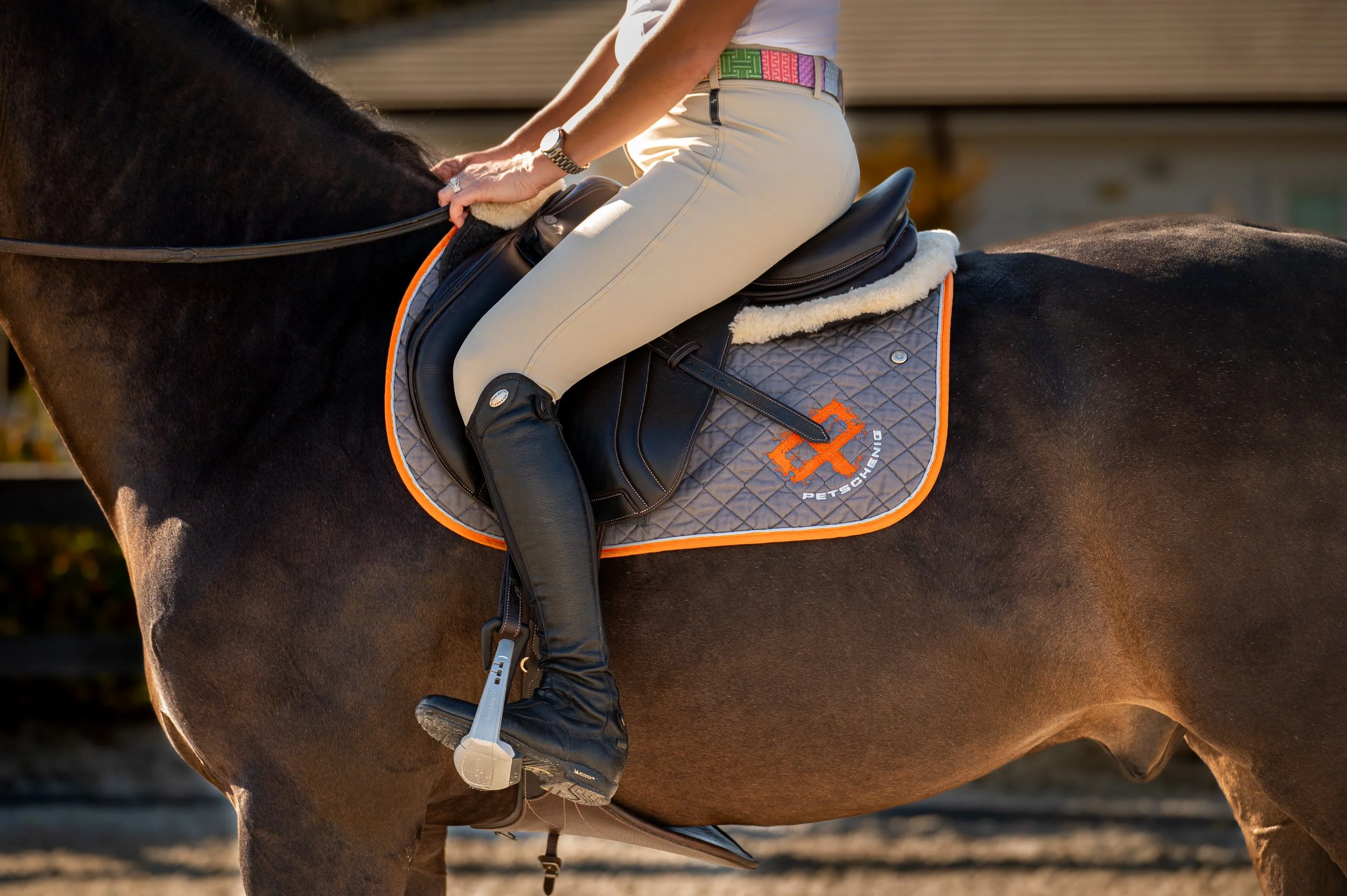 A person riding a dark brown horse, wearing light beige riding pants, black riding boots, and a watch, on a sunny day.