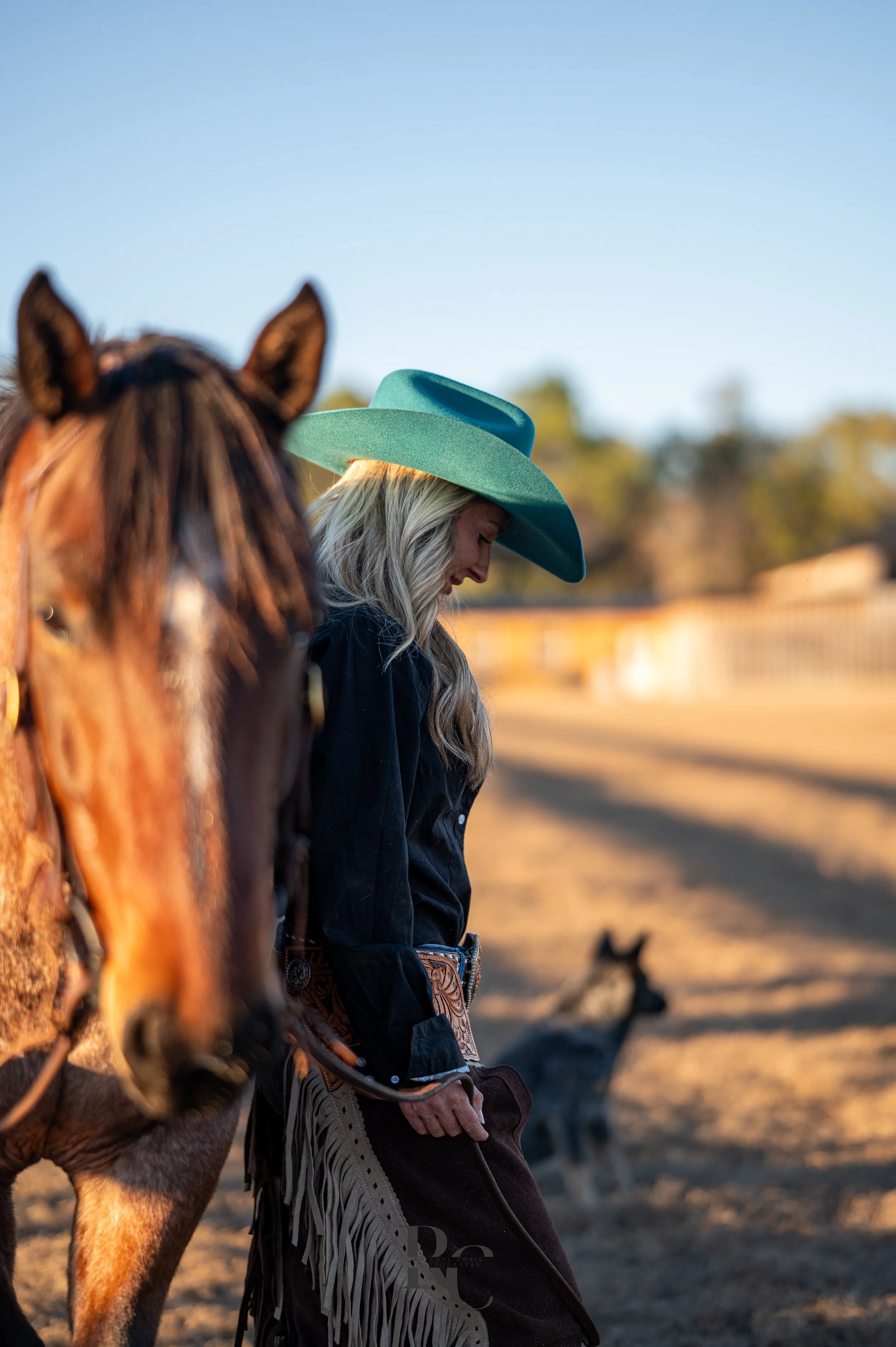 A woman wearing a large teal cowboy hat, black shirt, and fringed brown chaps standing outdoors with a brown horse in the foreground. There is a dog in the background, and the scene is bathed in warm sunlight with clear blue skies.