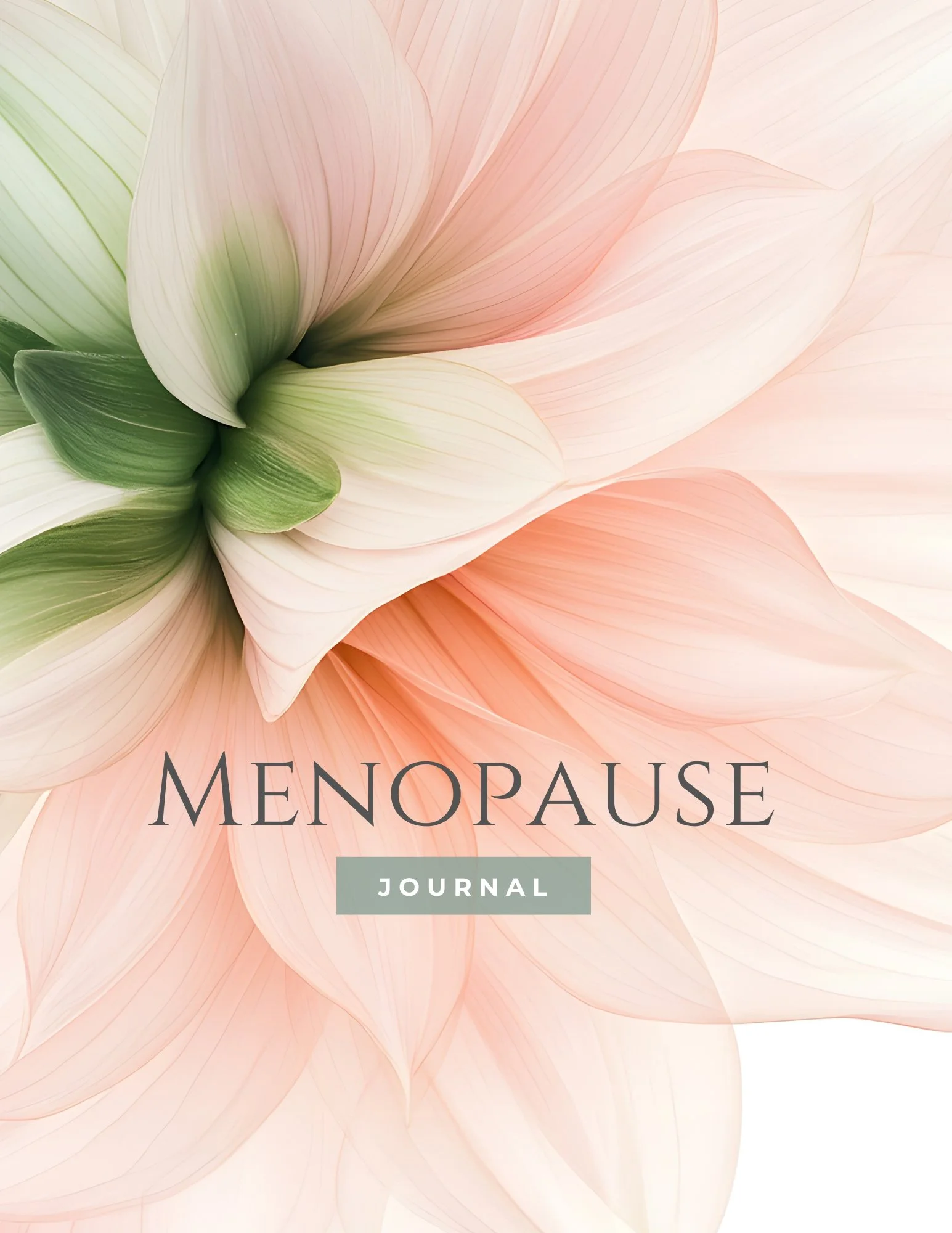 Cover of a menopause journal with a soft pink and green floral background.