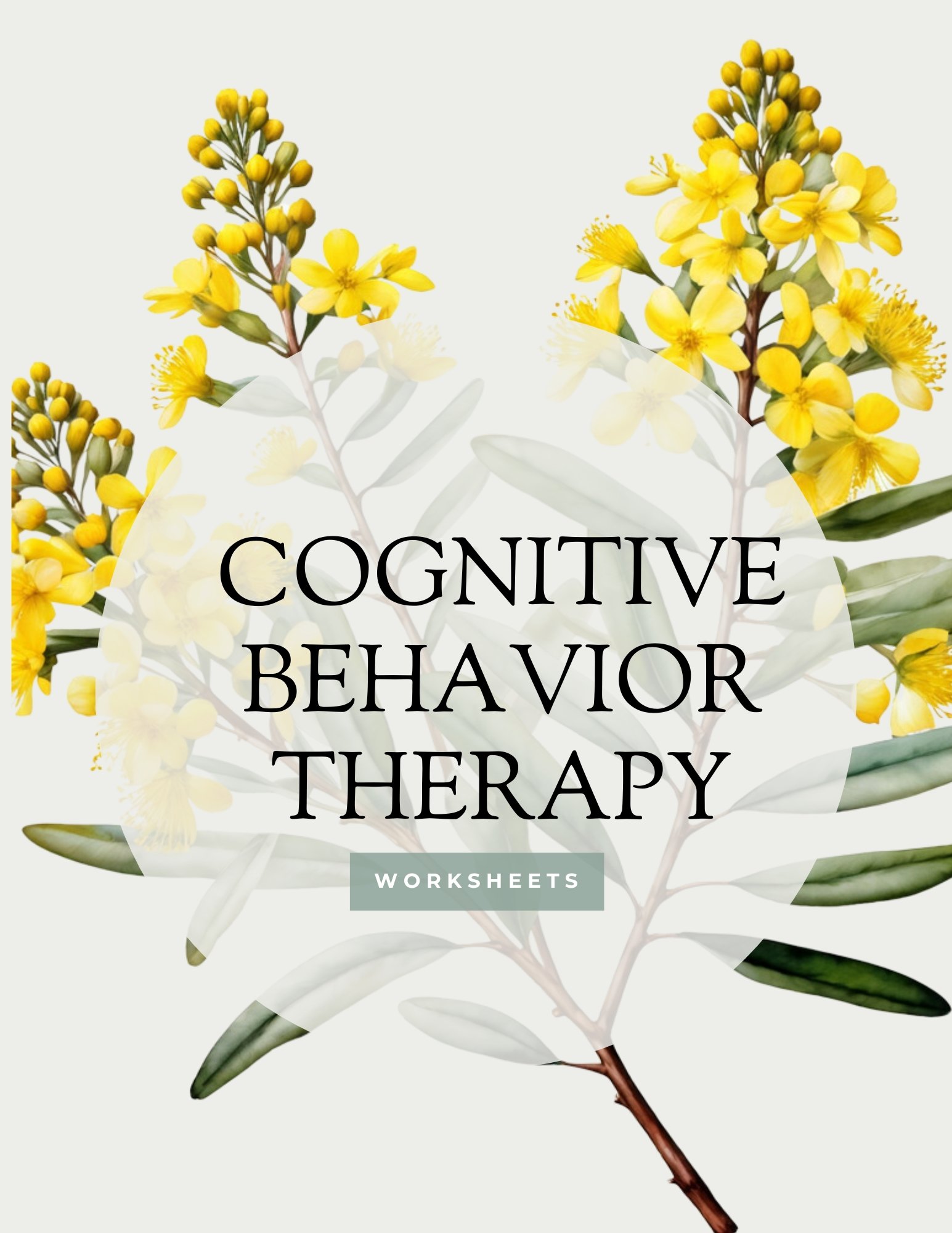 Cover of a worksheet with yellow flowers and green leaves in the background, titled 'Cognitive Behavior Therapy Worksheets'.