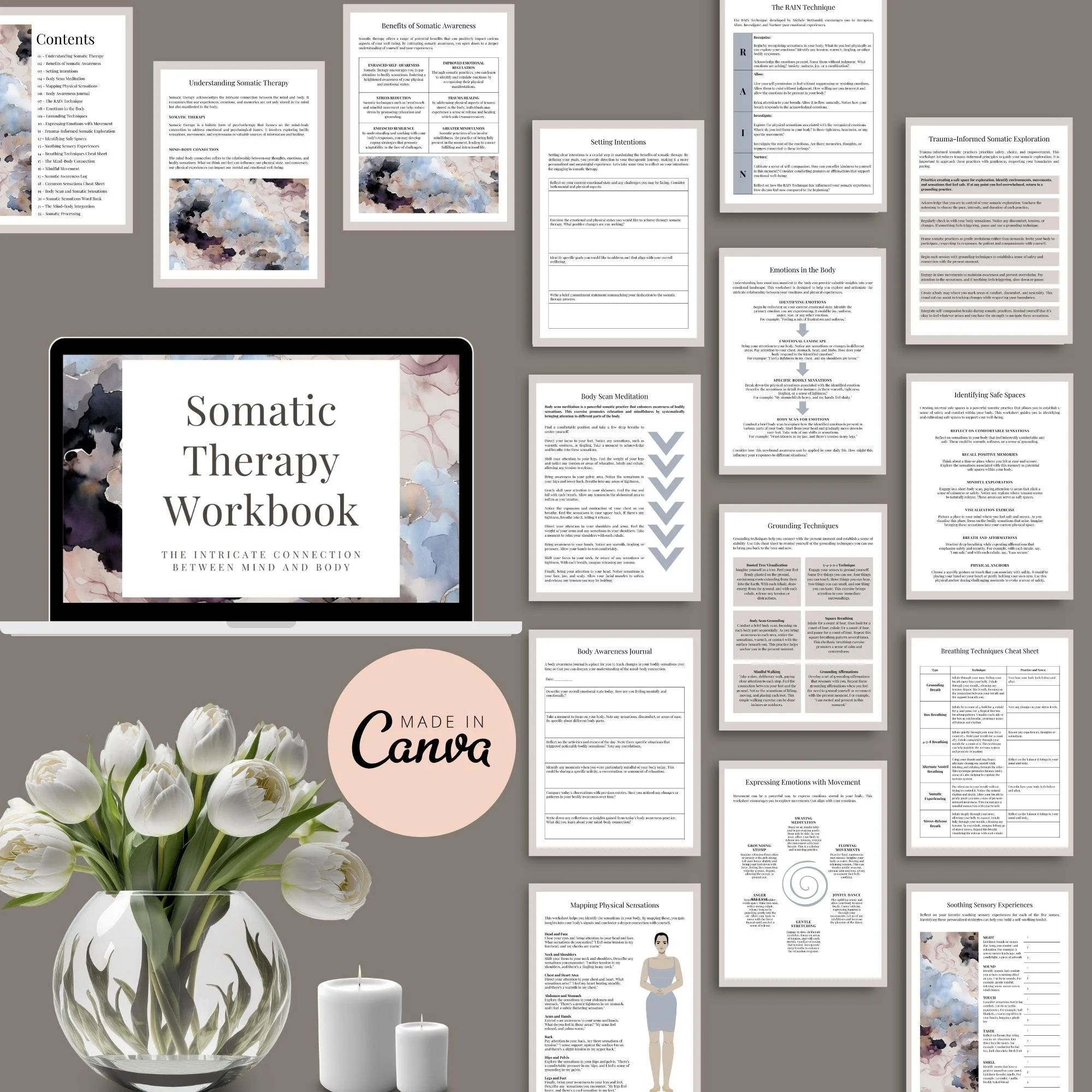 A collage of workbooks, worksheets, and guides on somatic therapy, with a vase of white tulips, candles, and a laptop showing a pastel watercolor background. The image promotes a somatic therapy workbook available on Canva.