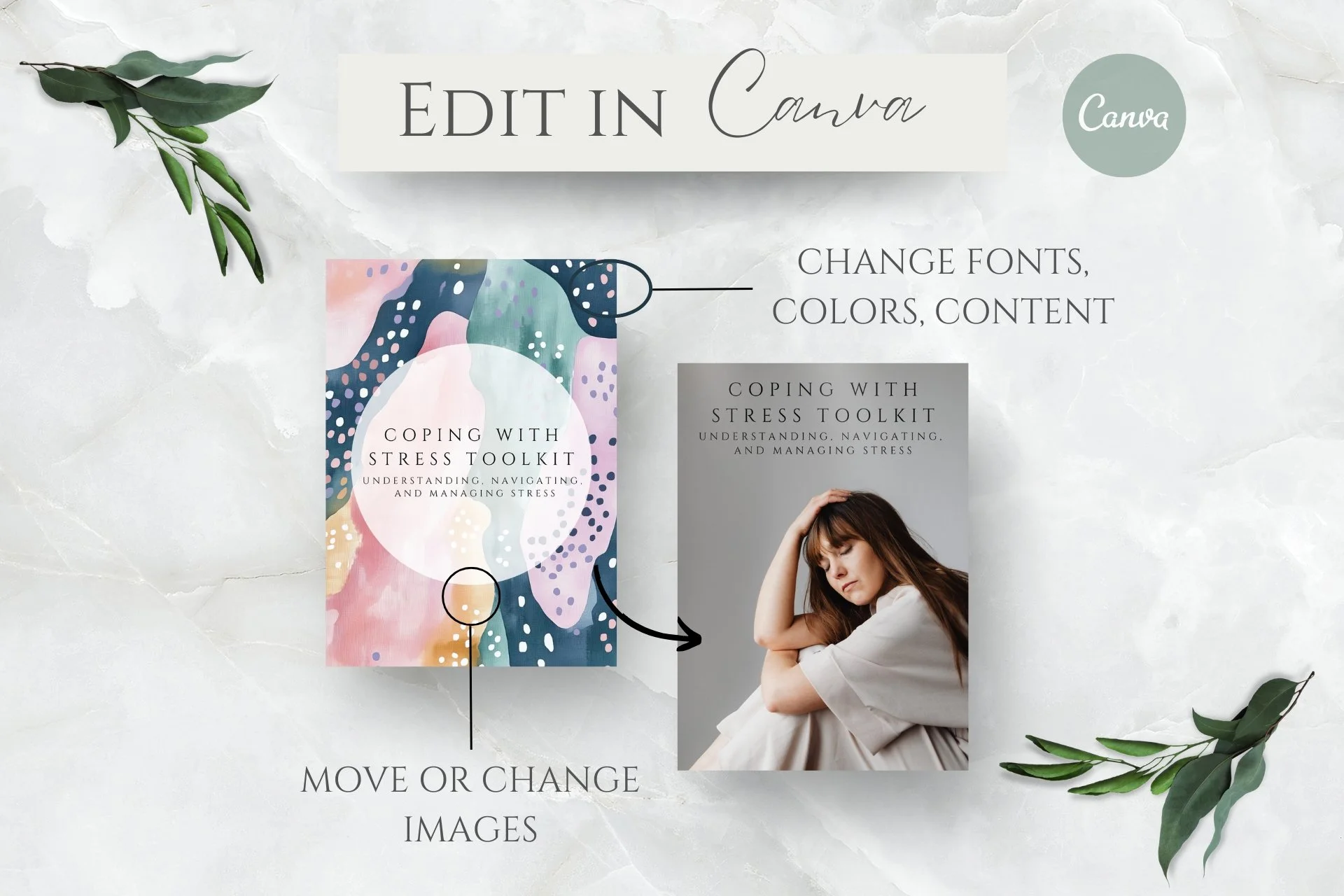 Instructions for editing a Canva design on stress management toolkit, featuring a colorful abstract background, a photo of a woman with her hand on her head, and notes on changing fonts, colors, and swapping images.