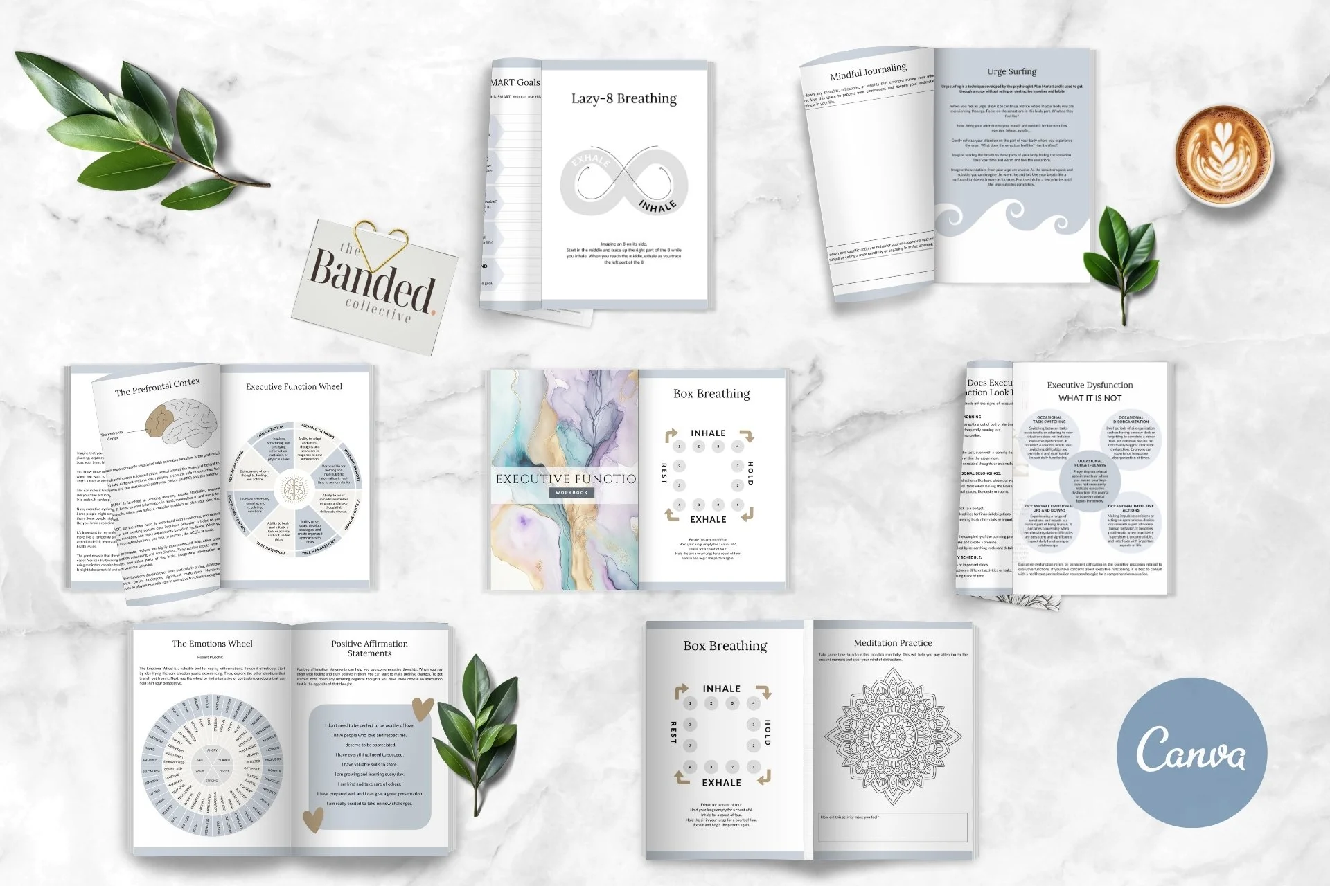 Open booklets and pamphlets on topics related to breathing exercises, mindfulness, and emotional well-being, with decorative green leaves, a cup of coffee, and a Canva logo on a marble surface.
