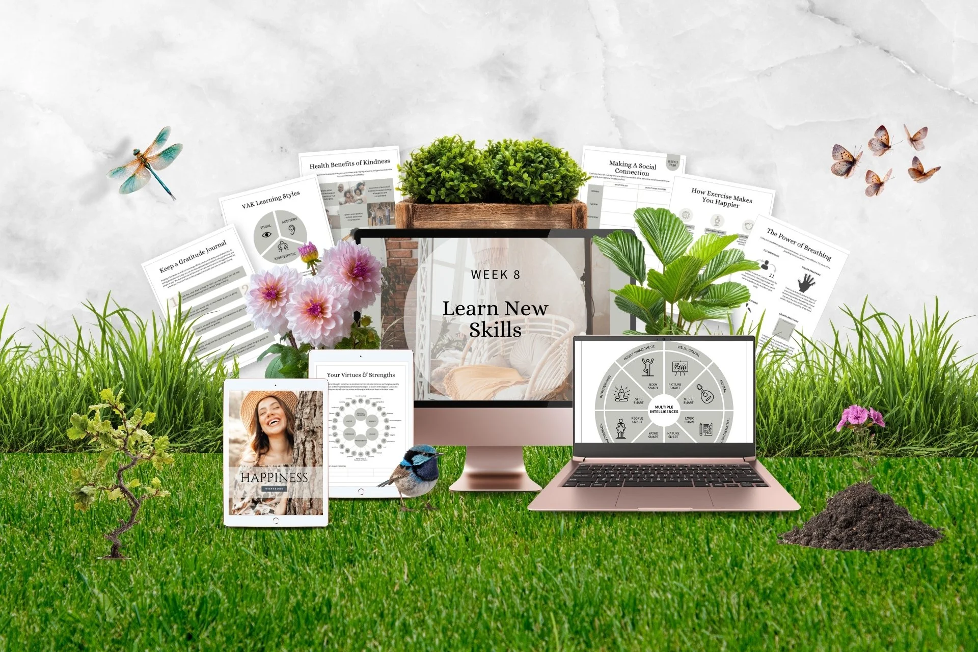 Online learning setup with plants, flowers, a laptop, a tablet, and informational papers about skills and personal growth on a grassy background.