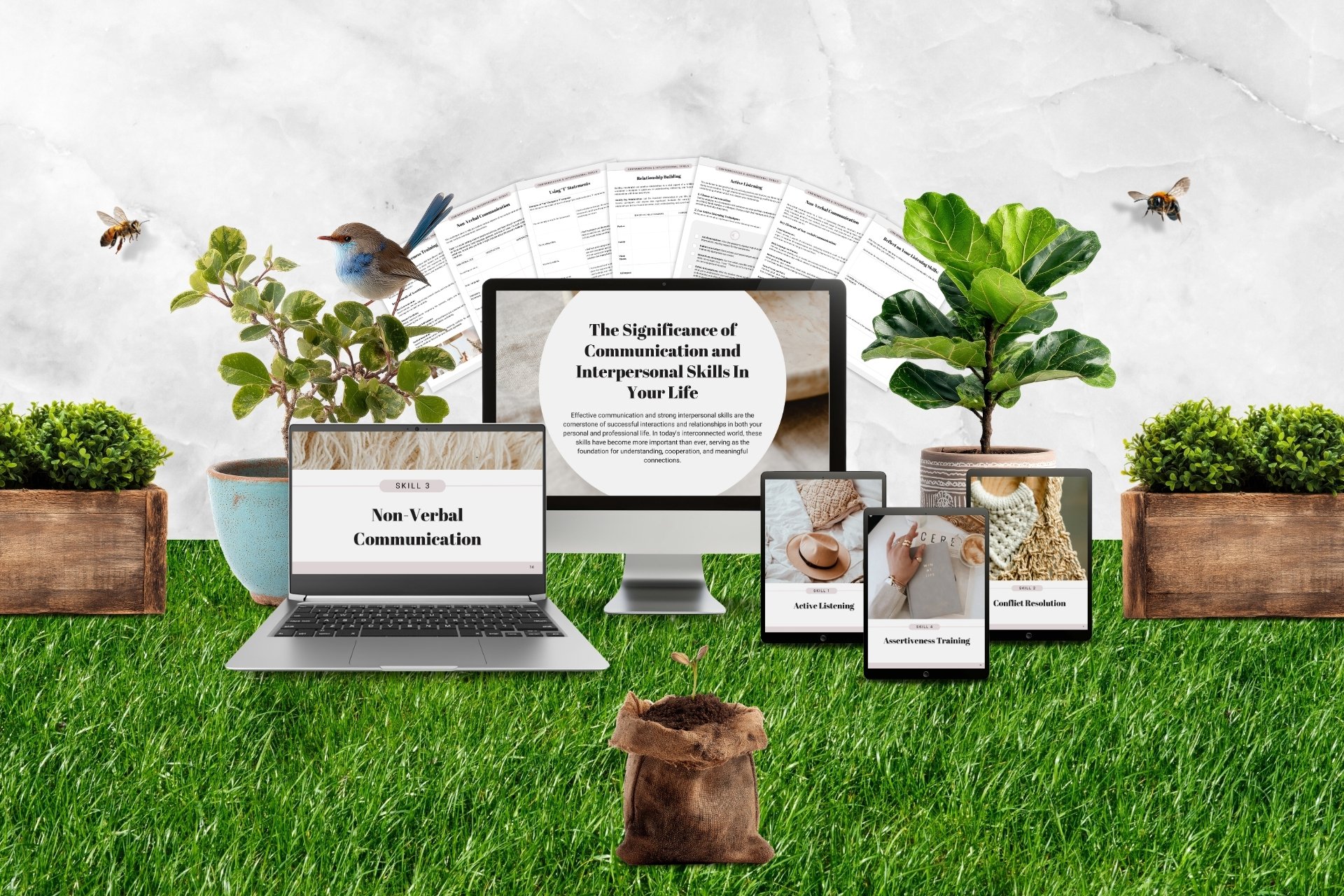 Digital devices displaying information about communication and interpersonal skills, surrounded by potted plants and birds, on a grassy background.